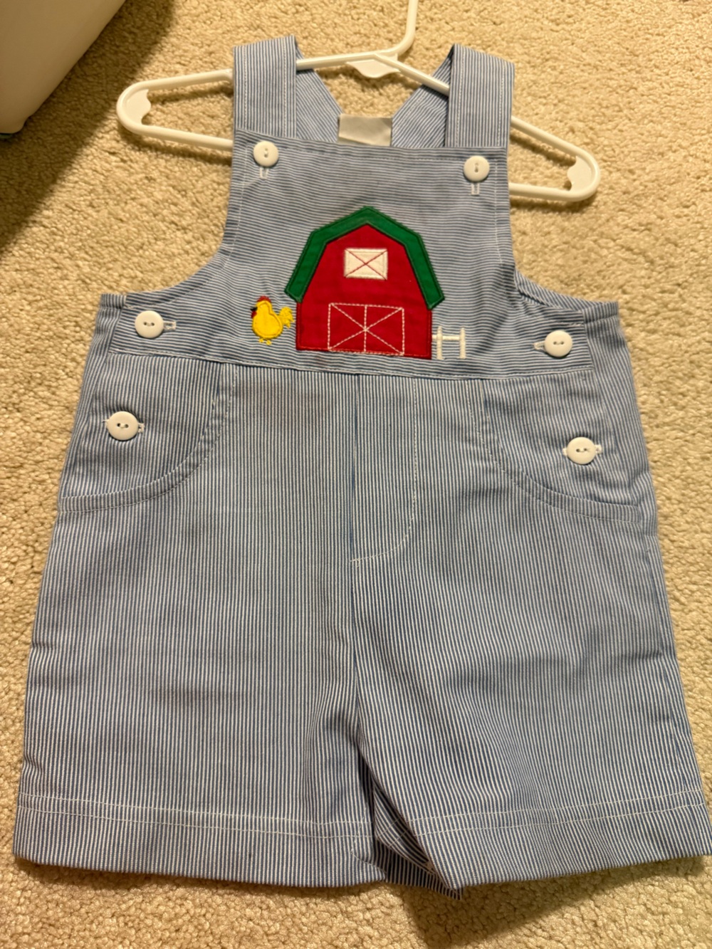 Florence Eiseman Blue Pinstripe Shortall with Red Barn Applique